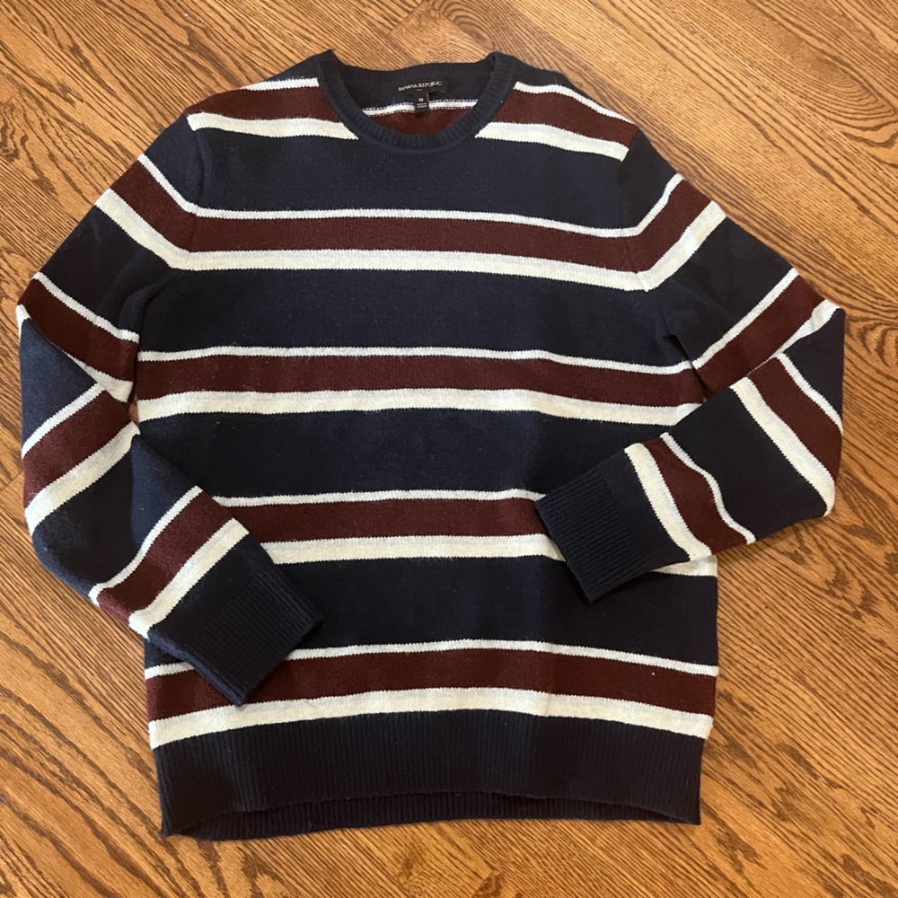 Men's Banana Republic Blue White Maroon Striped Cotton Blend Sweater Medium